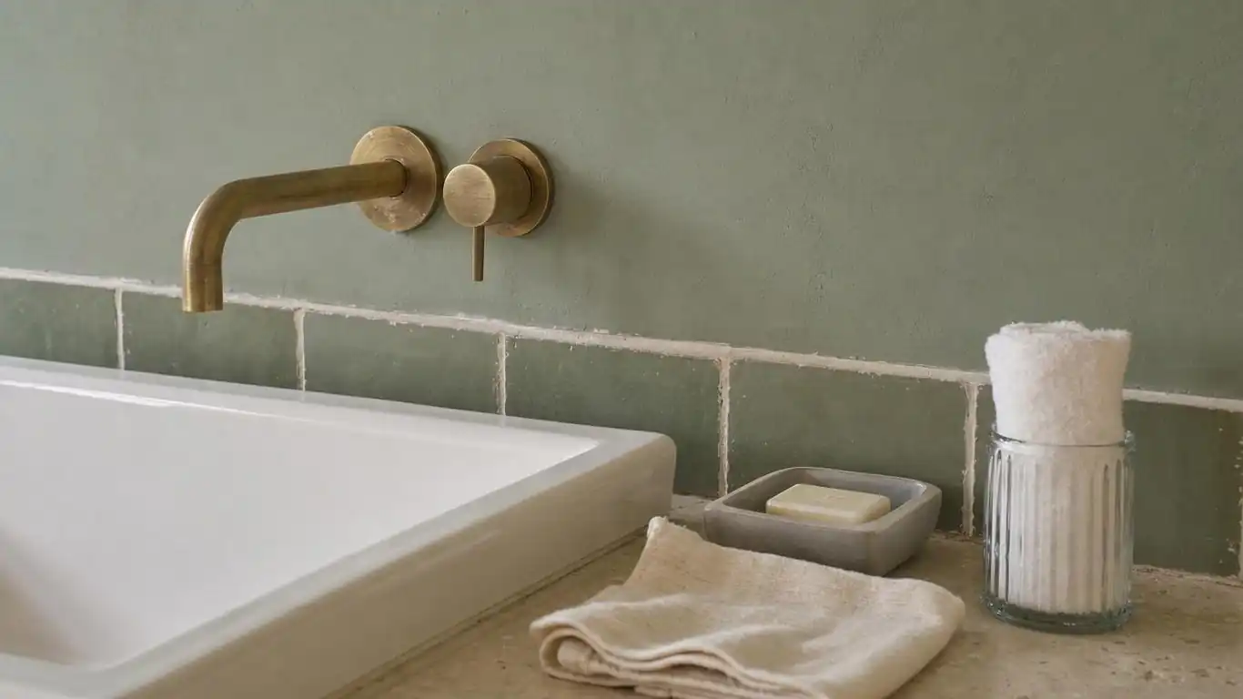 Close-up of sage green bathroom wall tile with brushed brass wall-mounted tap and white ceramic basin