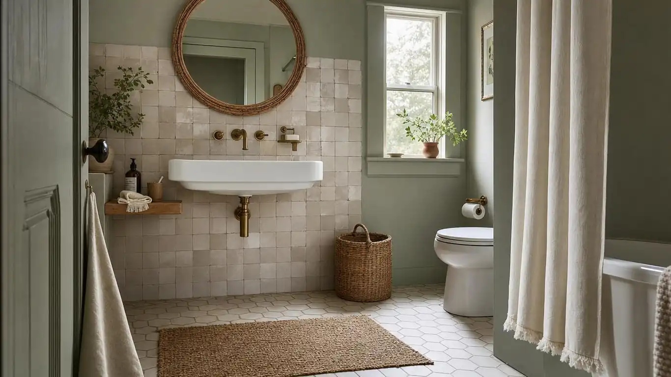 Medium-sized sage green bathroom with rattan oval mirror, cream zellige backsplash, brushed brass tap, and linen towels