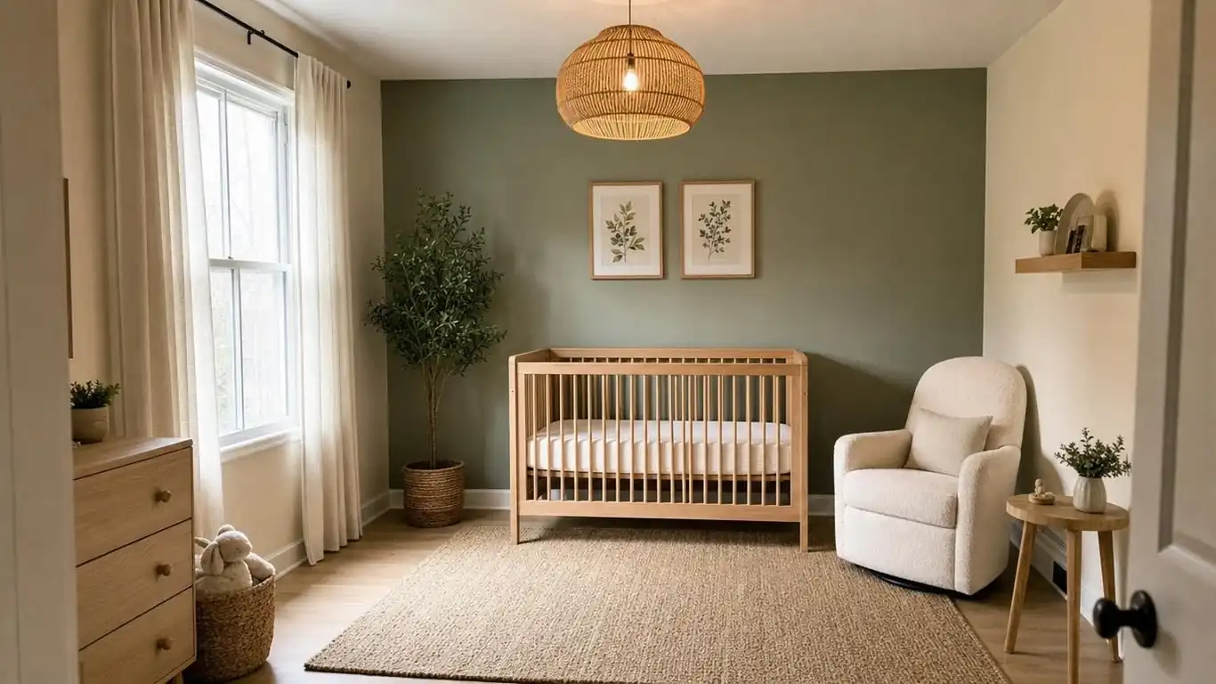 Single sage green accent wall behind a raw oak crib in a nursery with warm cream walls on the remaining three sides