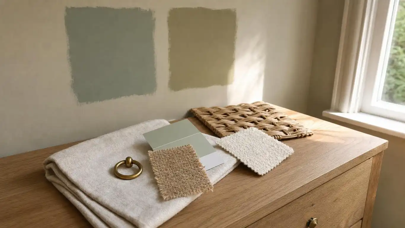Sage green nursery corner showing fabric swatches, paint chips, and raw oak dresser used to test the palette together