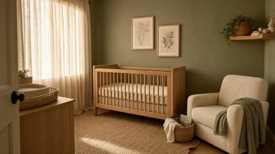 A sage green nursery with raw oak crib, cream linen curtains, boucle glider in ivory, and jute rug in warm oatmeal