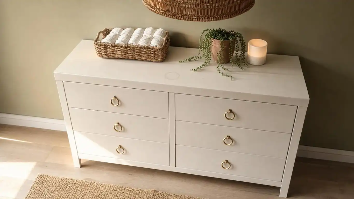 Brushed brass ring pulls on a white nursery dresser with a rattan pendant light above and sage green wall behind