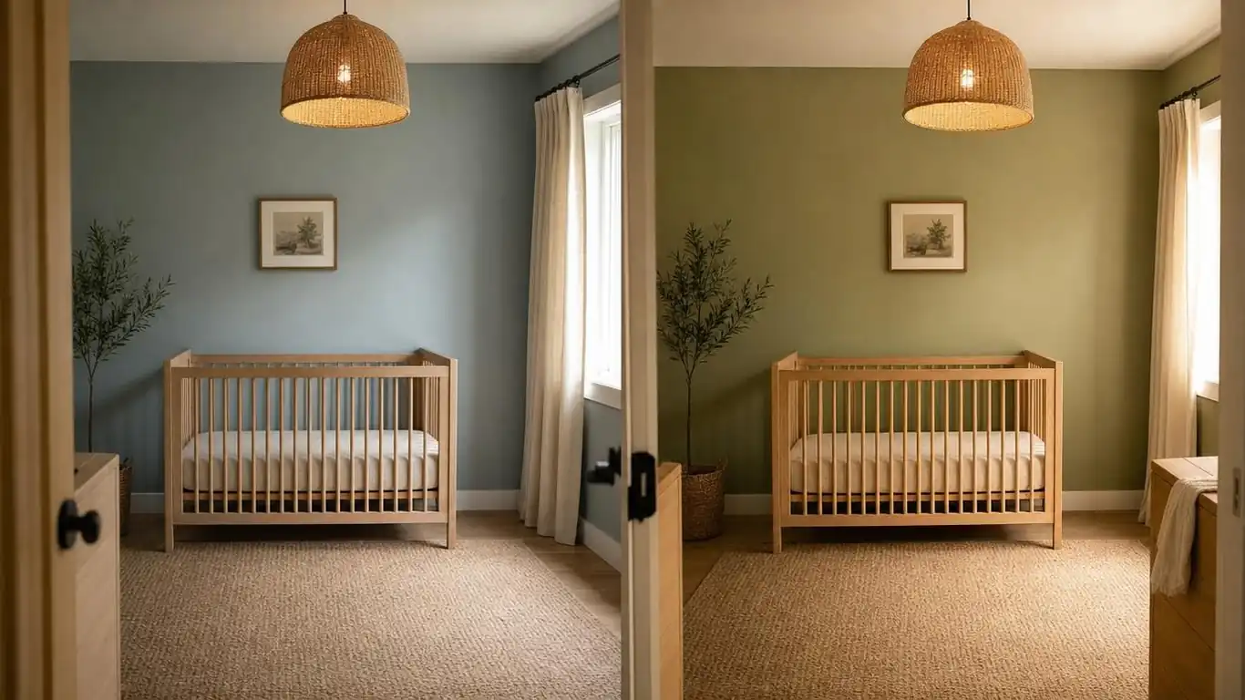 Side-by-side of a blue-based sage green nursery versus a warm-toned olive-sage nursery with raw oak furniture