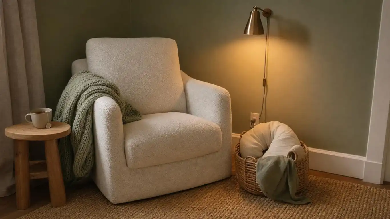 Boucle glider in off-white beside a sage green wall with jute rug, woven rattan basket, and chunky knit throw
