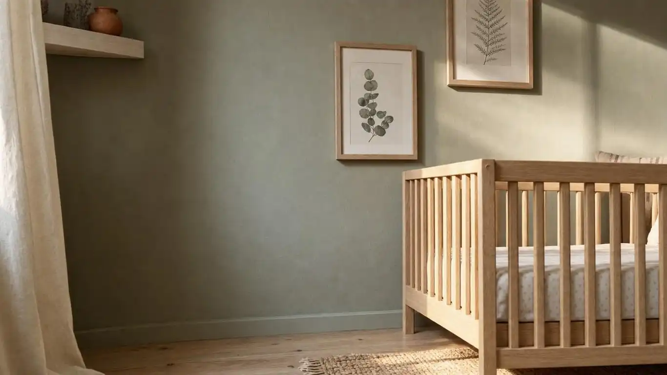 Sage green nursery wall with botanical art prints above a raw oak crib and cream linen curtain in soft window light