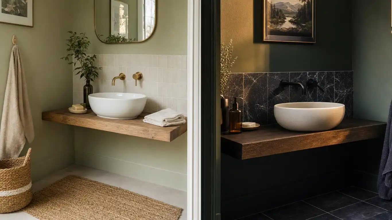 Side-by-side vignettes comparing a sage green and a forest green bathroom showing different fixtures and lighting moods