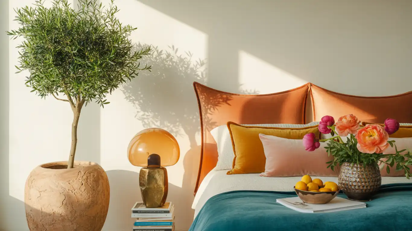 A large, sculptural indoor olive tree planted in a raw concrete pot sitting in a minimalist bedroom corner.