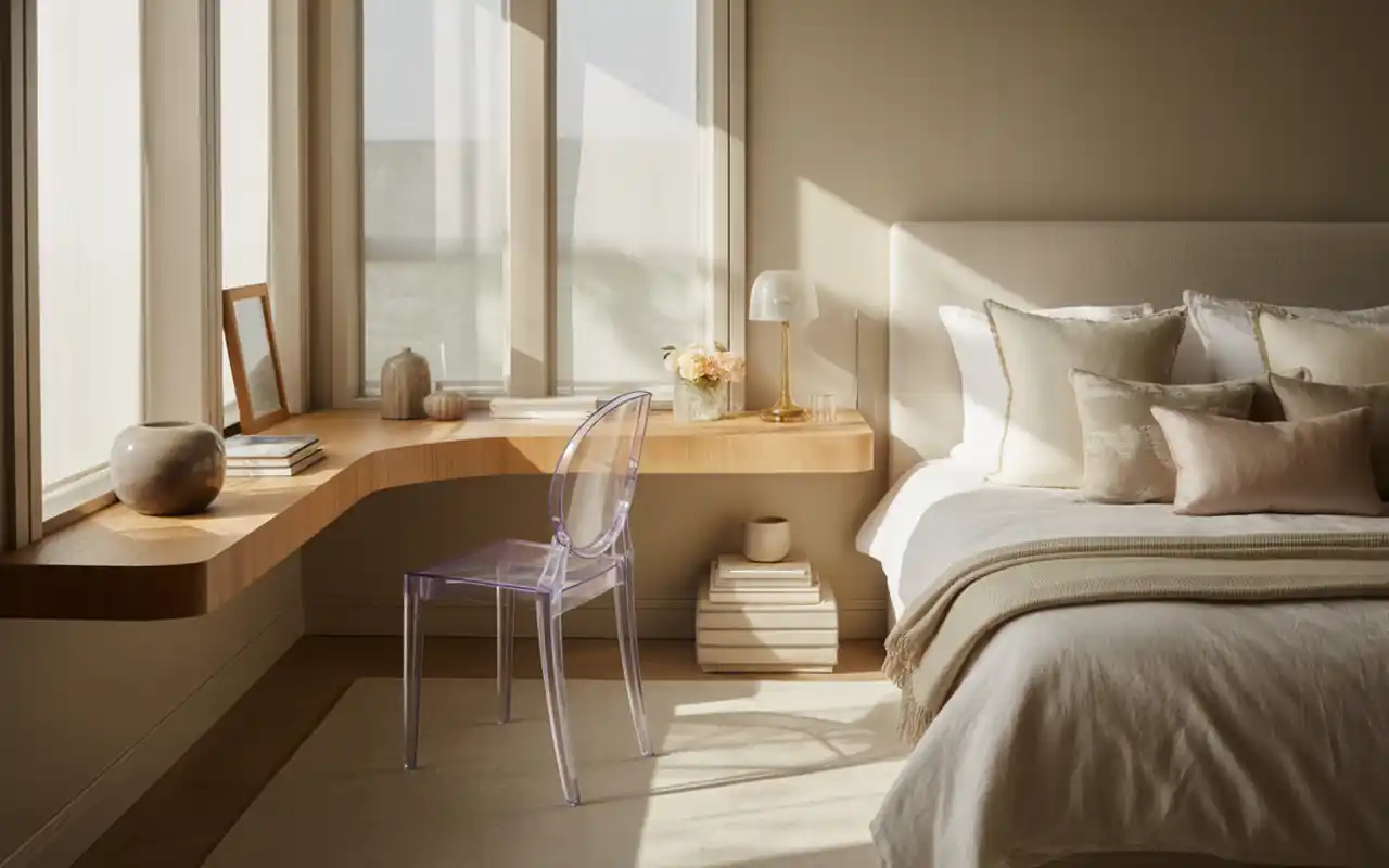 Slim, floating soft oak desk used as a shared vanity space in a tiny bedroom for sisters.