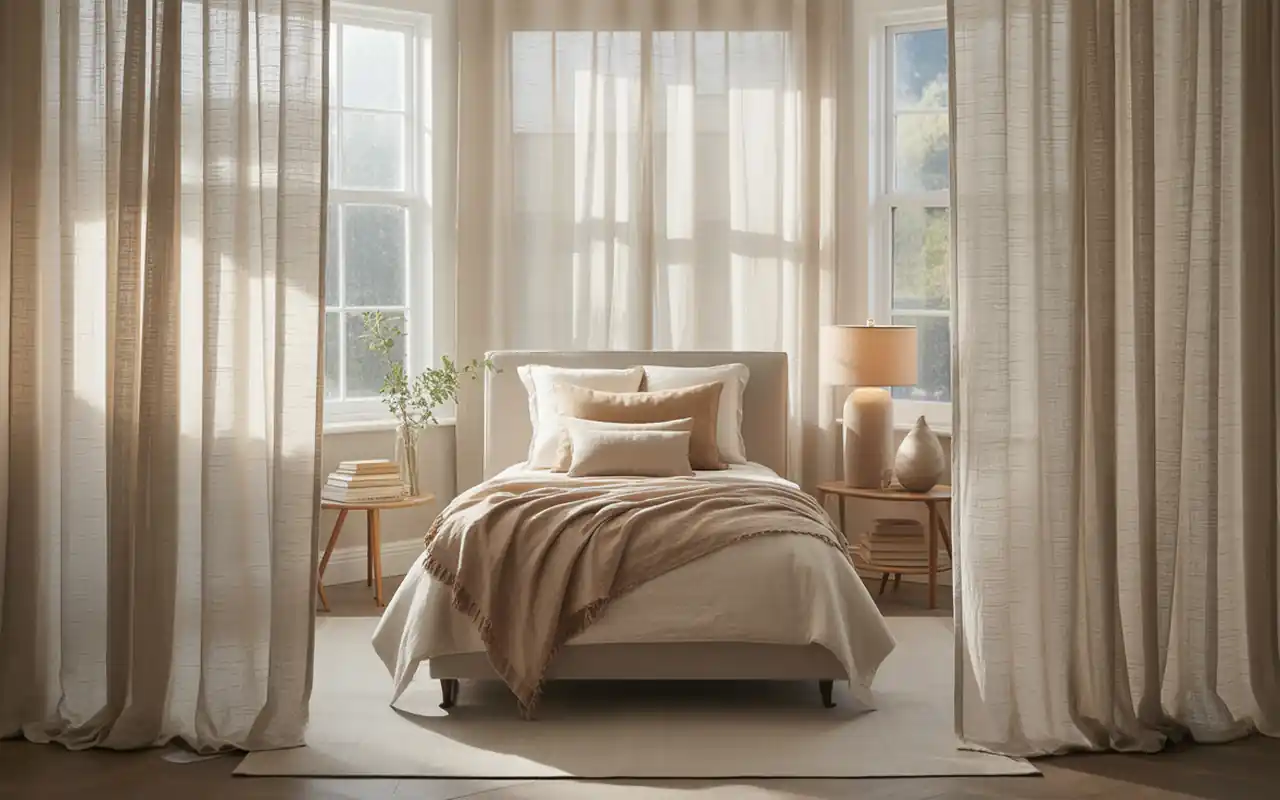 Single bed framed elegantly by floor-to-ceiling unbleached sheer linen curtains filtering soft sunlight.