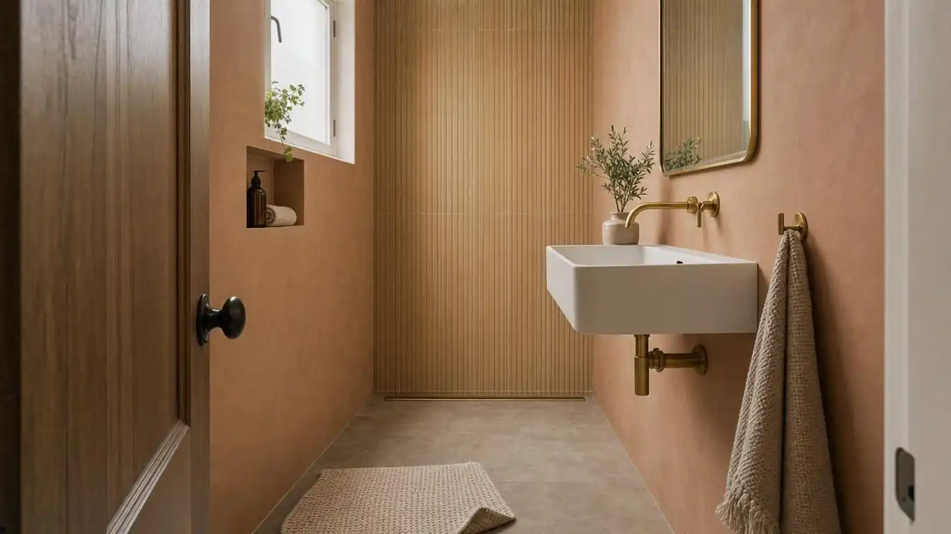 Small curbless wet room under 50 square feet with linear floor drain, fluted tile accent wall, and wall-hung basin at 32 inches