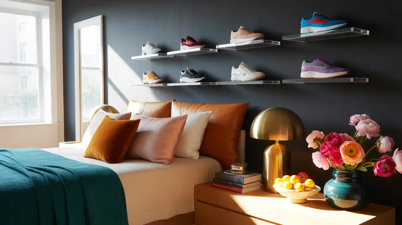 High-end clear acrylic floating shelves displaying a curated sneaker collection as wall art in a teen bedroom.