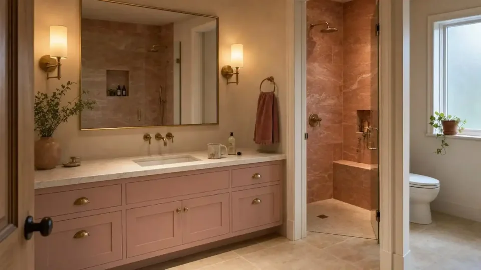 Sophisticated adult pink bathroom with dusty rose zellige tile walls, brushed brass fixtures, and walnut floating vanity