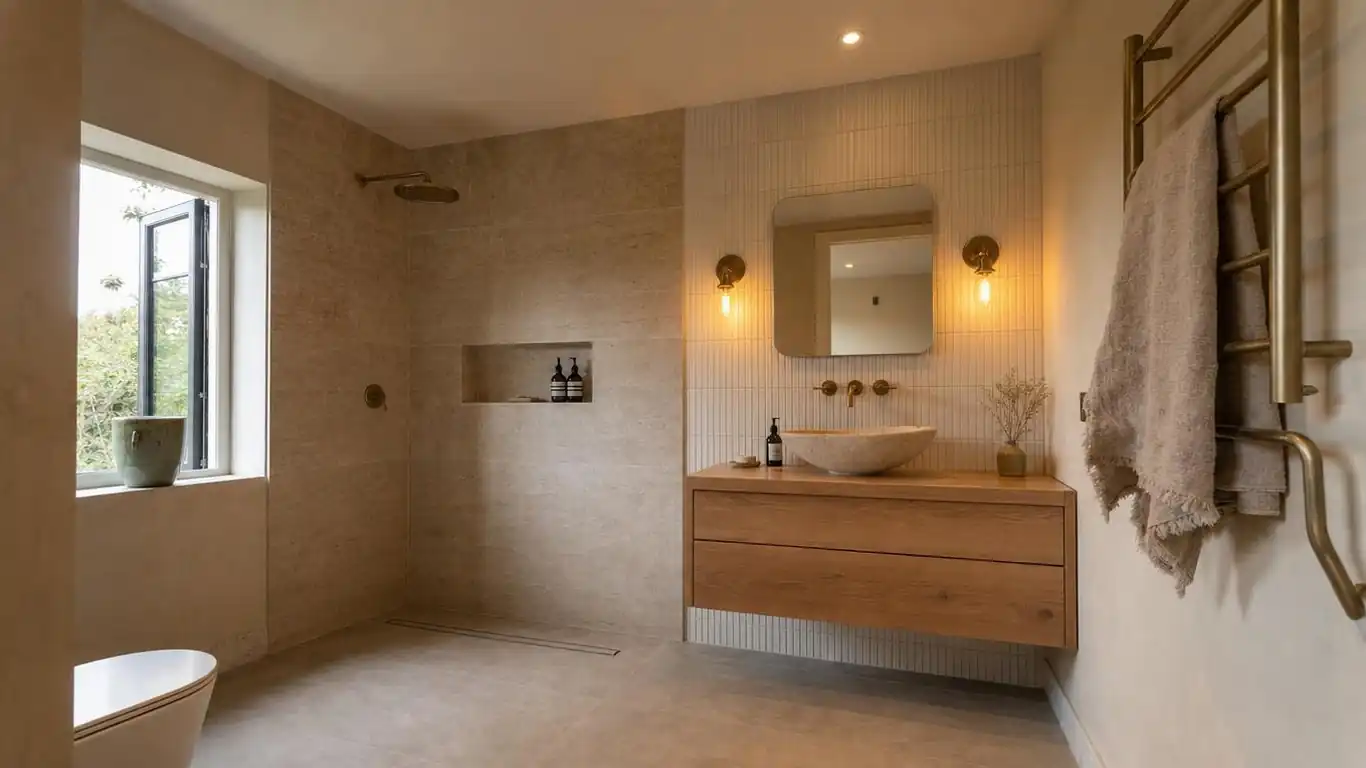 Bathroom with layered lighting — vertical LED strips beside a frameless mirror and a low wall sconce for evening atmosphere