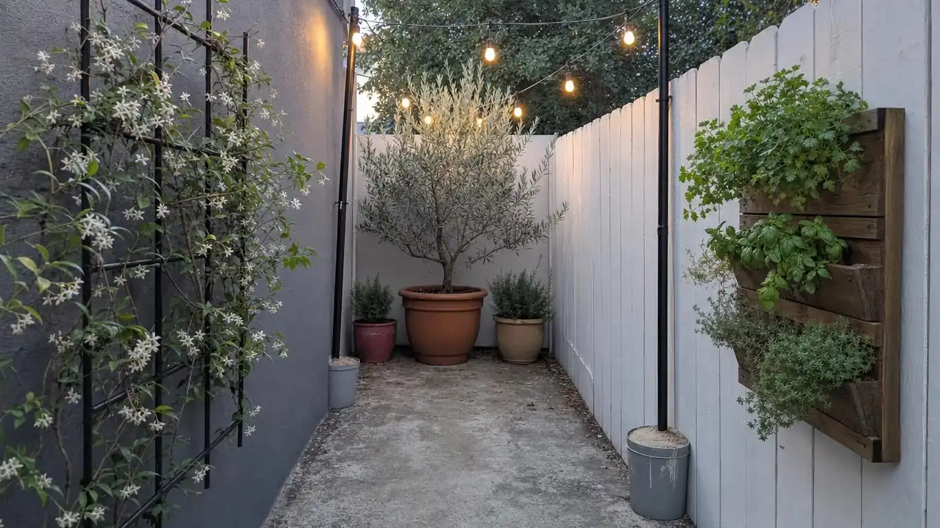 Full backyard view showing layered spring decor — trellis, clustered planters, string lights, and outdoor rug in sage green