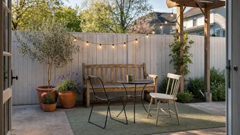 Styled spring backyard with a teak bench, terracotta planters, warm string lights, and a sage green outdoor rug