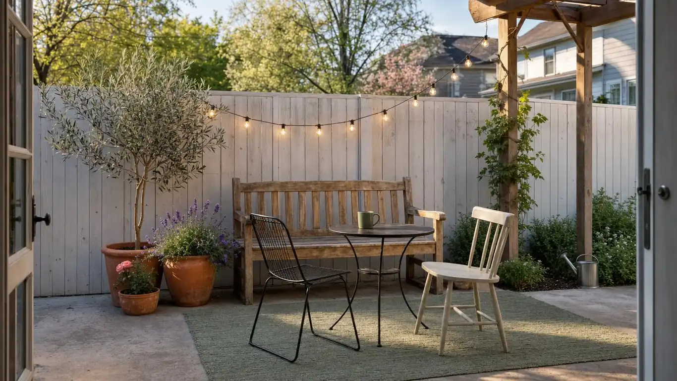 Styled spring backyard with a teak bench, terracotta planters, warm string lights, and a sage green outdoor rug