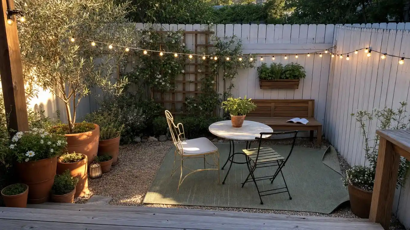 Small backyard with vertical herb wall planter, terracotta pots, and portable string lights on tension posts