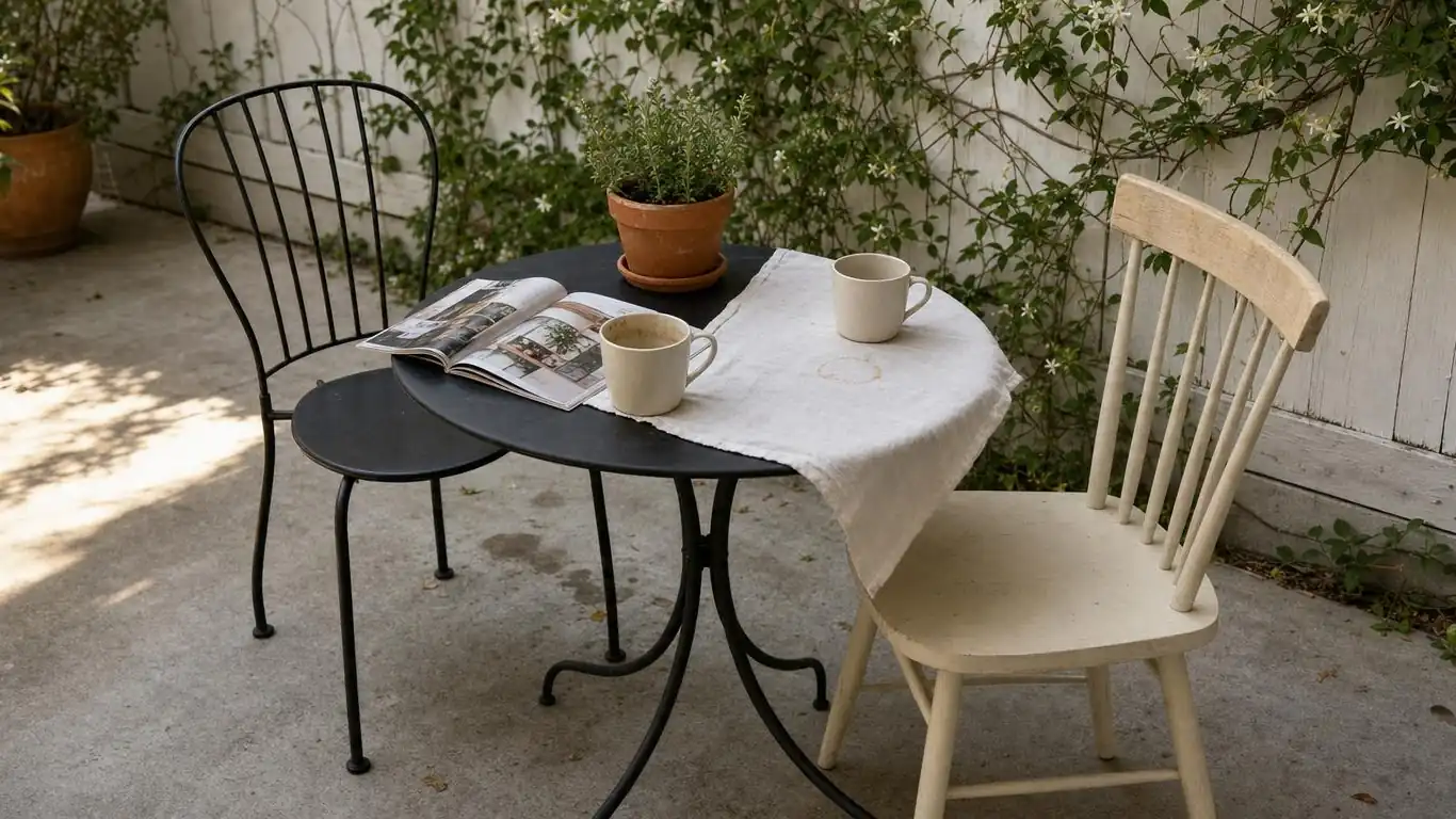 Bistro table and mismatched chairs on a concrete patio surrounded by terracotta pots with lavender and trailing herbs