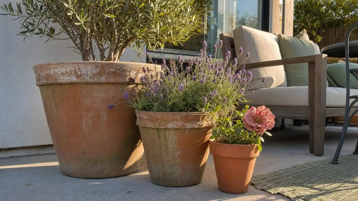 Outdoor seating area with a terracotta flat-weave rug, botanical-print cushions, and a linen-look shade sail