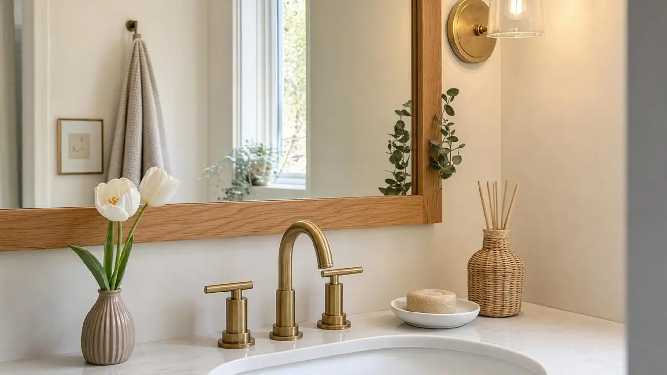 Close-up of brushed brass towel bar and toilet paper holder against white subway tile with grout lines visible