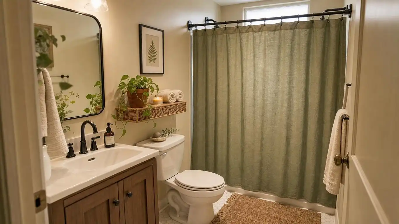 Split view of an overcrowded bathroom vanity versus a clean three-item spring vignette showing the difference in styling