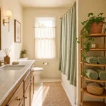 Bright spring bathroom with sage green linen shower curtain, pothos plant on rattan shelf, and brushed brass hardware