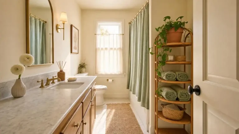 Bright spring bathroom with sage green linen shower curtain, pothos plant on rattan shelf, and brushed brass hardware
