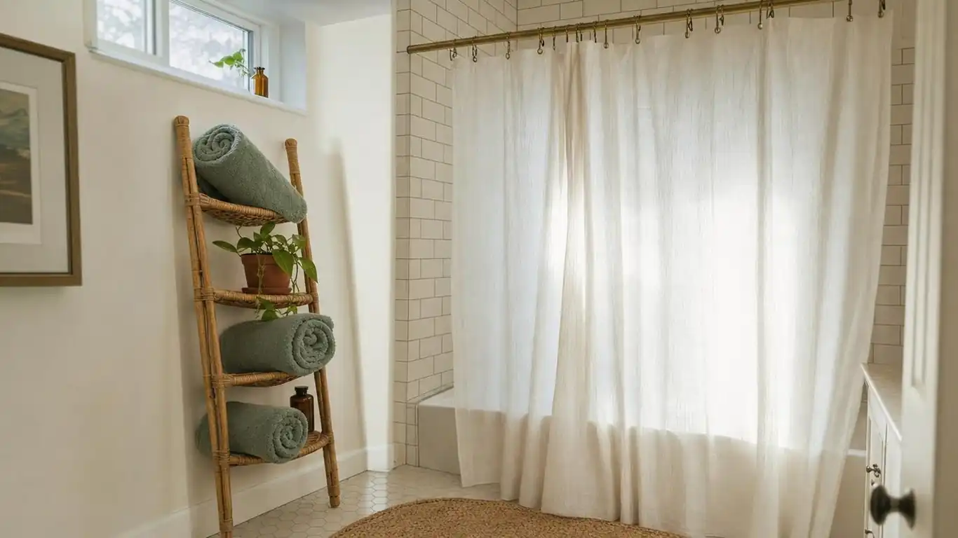 Bathroom with white cotton voile shower curtain, rattan ladder shelf holding rolled sage towels, and terracotta plant pot