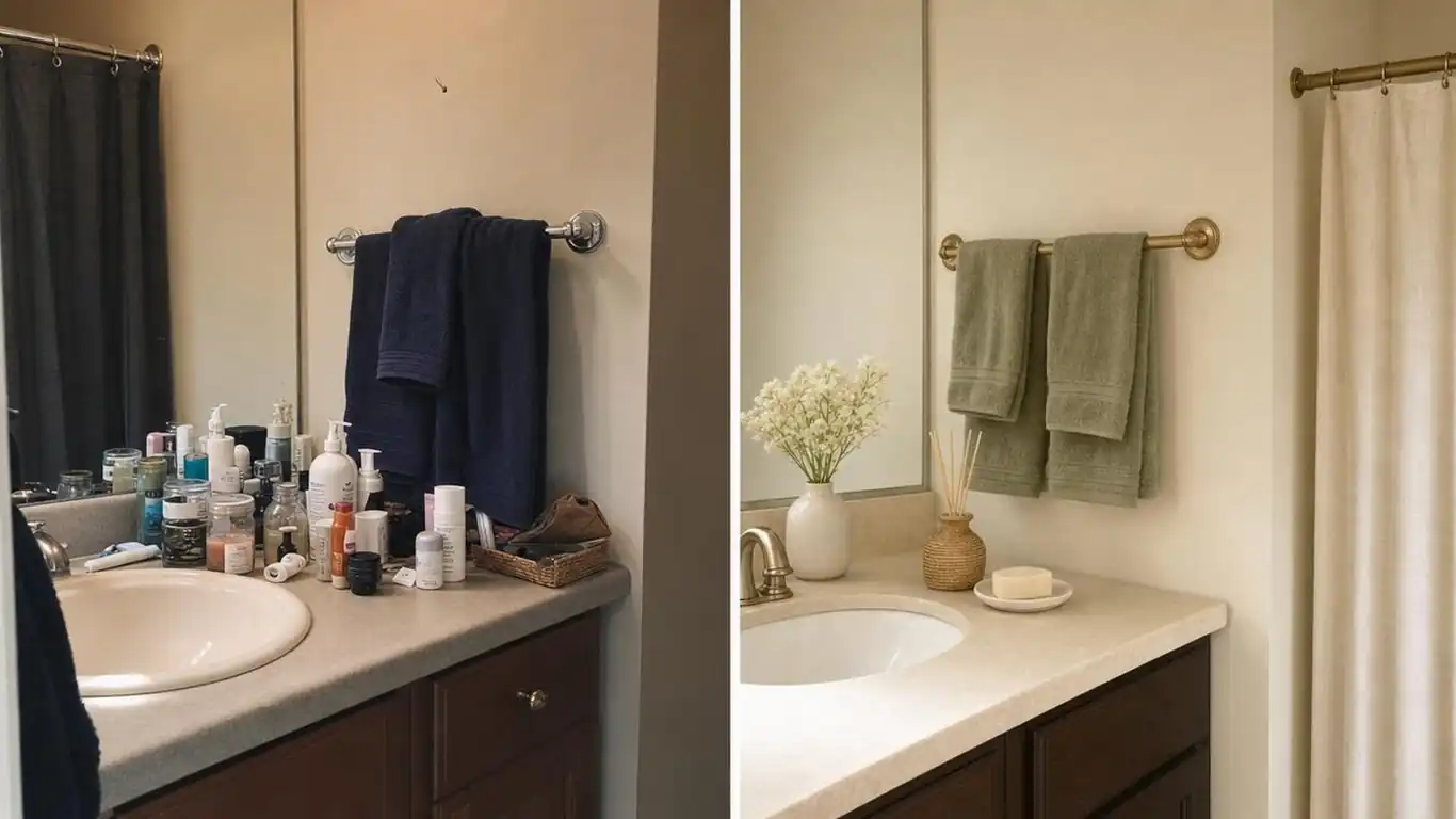 Bathroom vanity styled with small ceramic bud vase holding white tulips, rattan reed diffuser, and ceramic soap dish