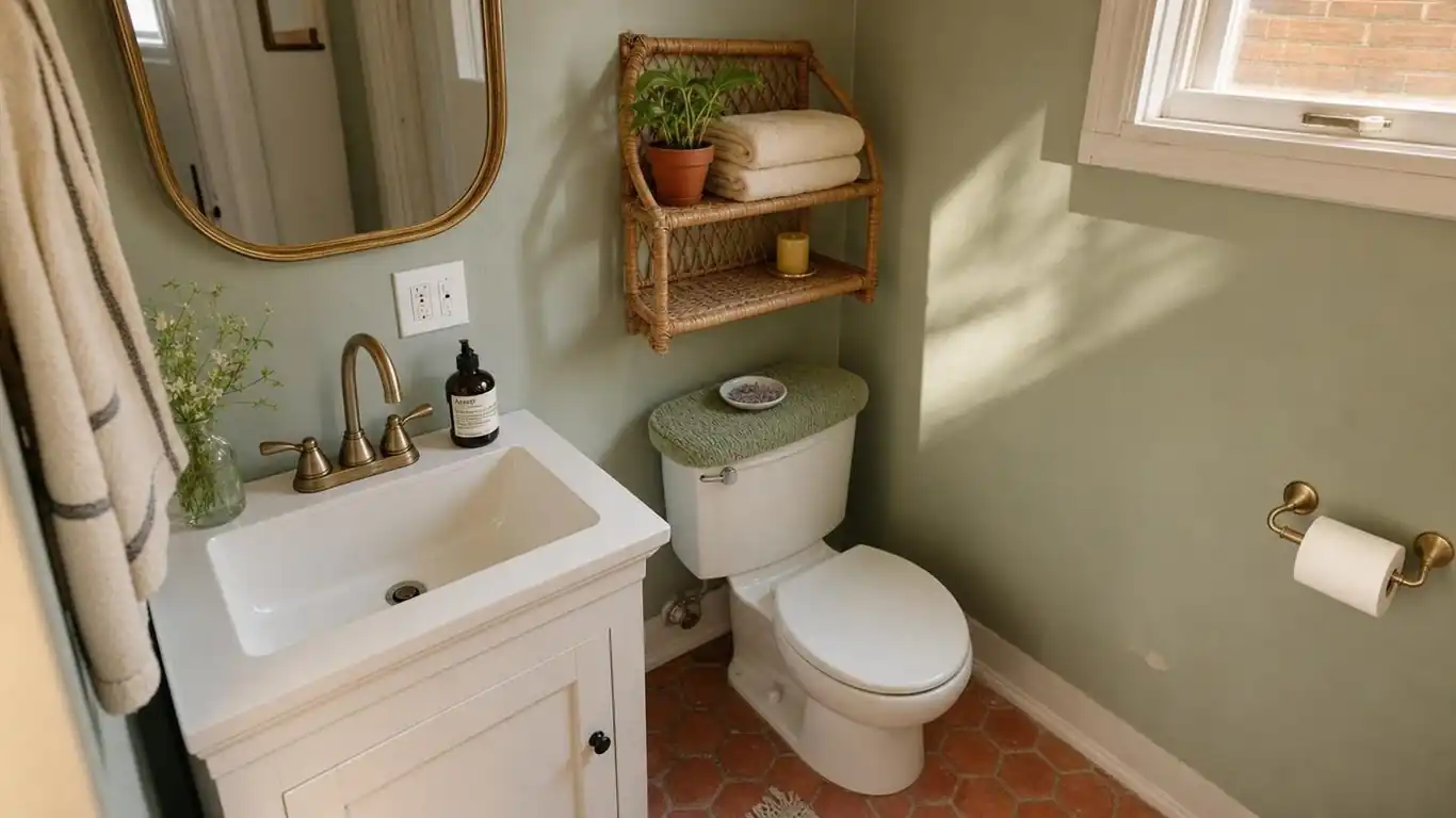 Small bathroom window with sheer linen cafe curtain diffusing soft morning light over a white ceramic sink