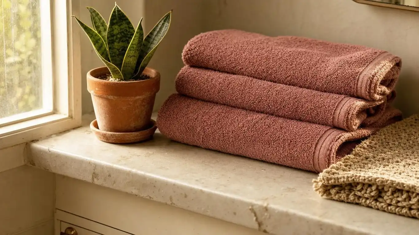 Folded dusty rose Turkish cotton towels on a rattan shelf beside a jute bath mat in warm ivory