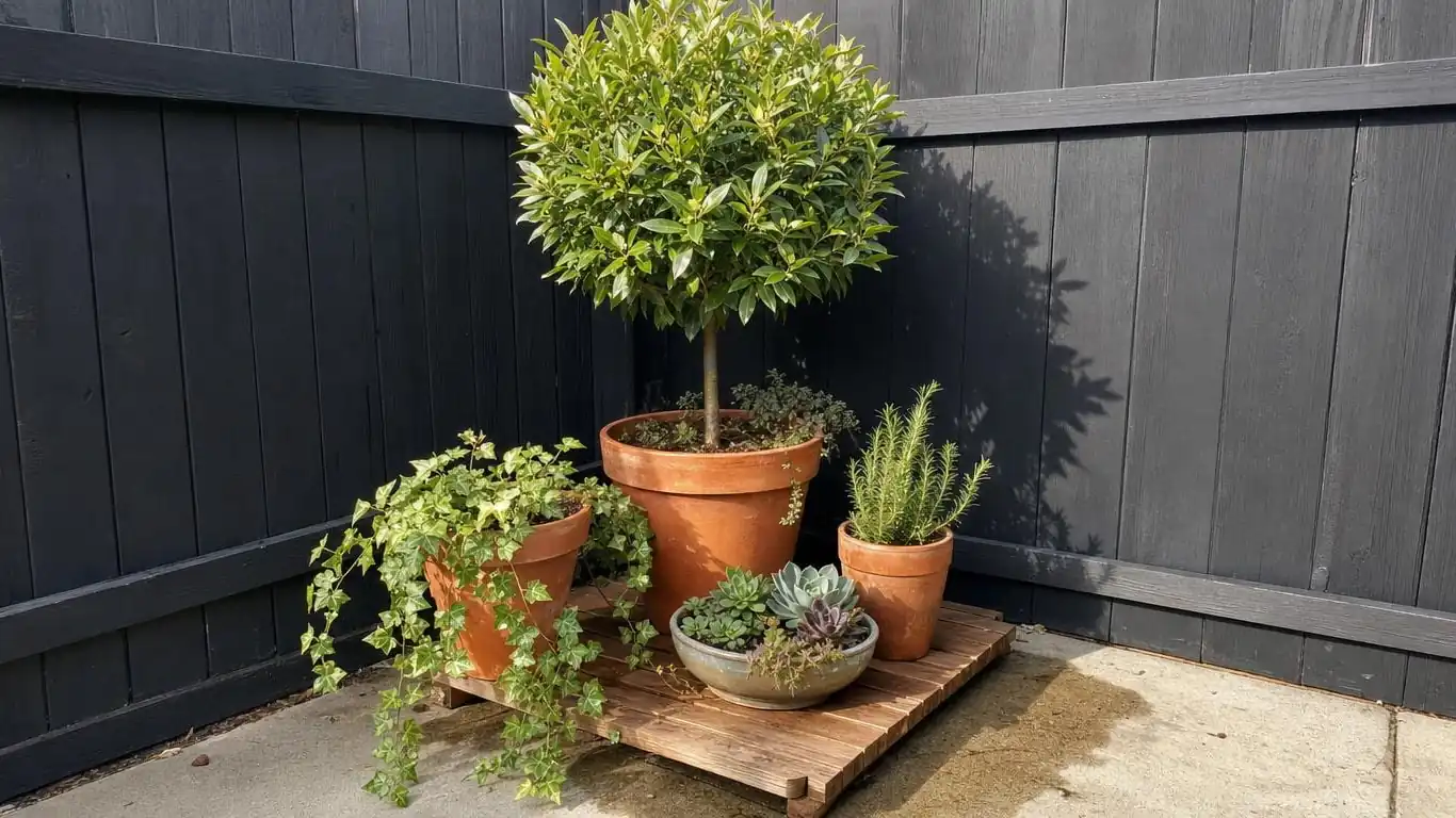 Large terracotta container planter with bay laurel and trailing ivy on a spring patio with warm wood furniture
