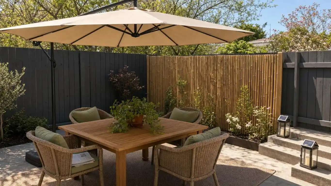 Outdoor patio with cantilever umbrella providing full shade over teak dining table in bright spring sun