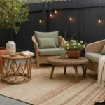 Styled spring patio with jute rug, warm string lights, terracotta planters, and sage green cushions in afternoon light