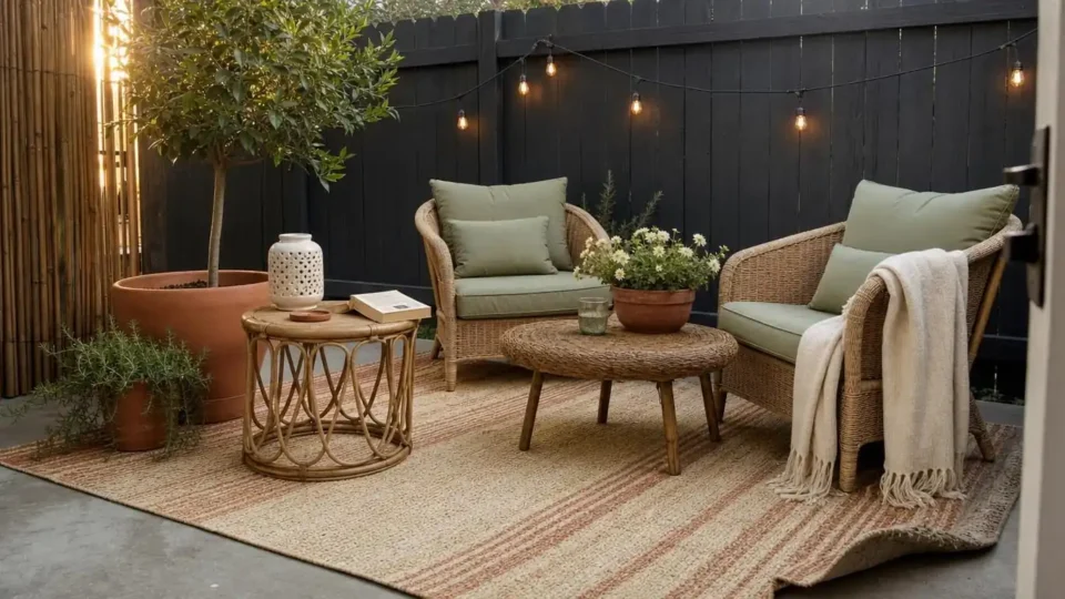 Styled spring patio with jute rug, warm string lights, terracotta planters, and sage green cushions in afternoon light