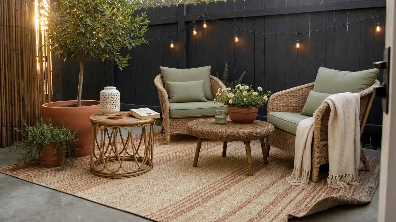 Styled spring patio with jute rug, warm string lights, terracotta planters, and sage green cushions in afternoon light