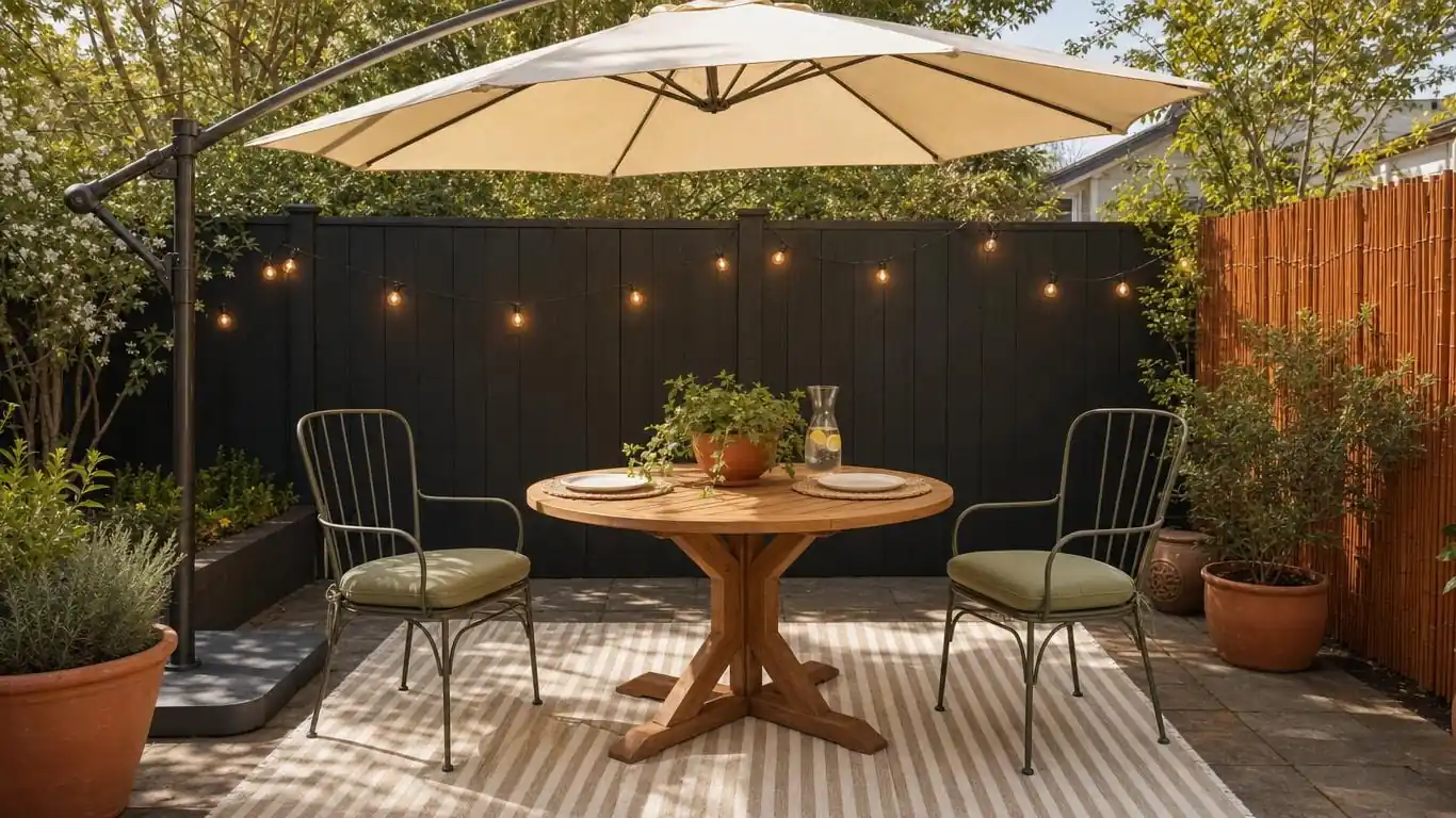 Spring patio outdoor dining area with teak table, sage green cushions, ivy centerpiece, and string lights behind