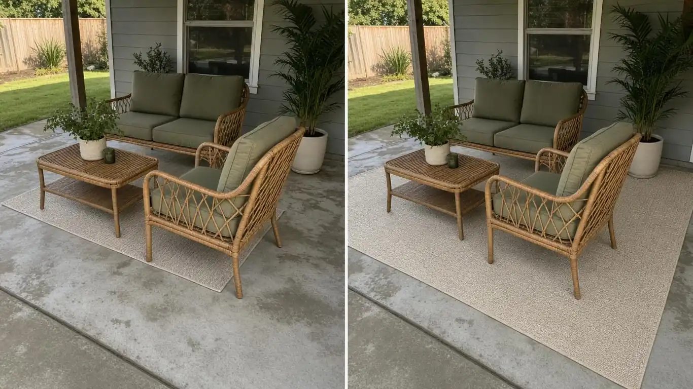 Side by side of patio with too-small rug versus correctly sized jute rug anchoring outdoor seating area