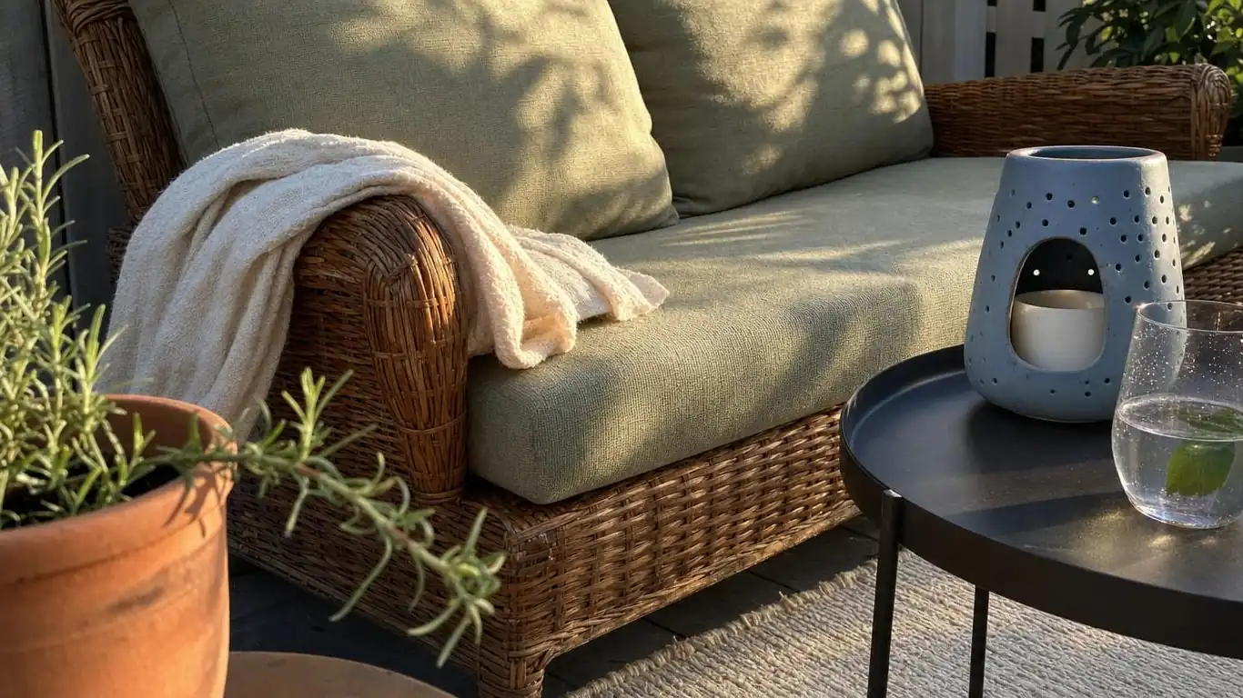 Close-up of spring patio seating with sage green outdoor cushions, cream throw blanket, and rattan side table