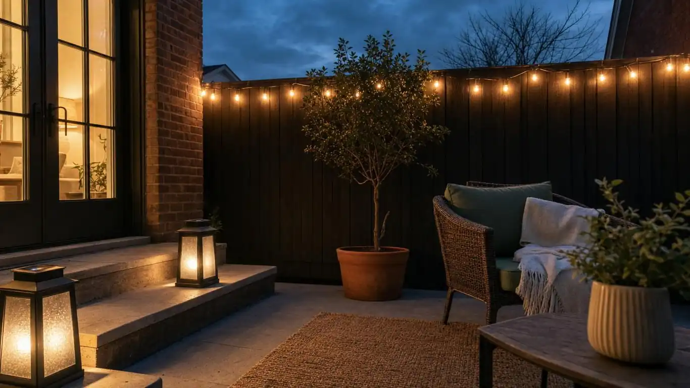 Spring patio at dusk with 2700K warm string lights looped across a wood fence, lanterns glowing below