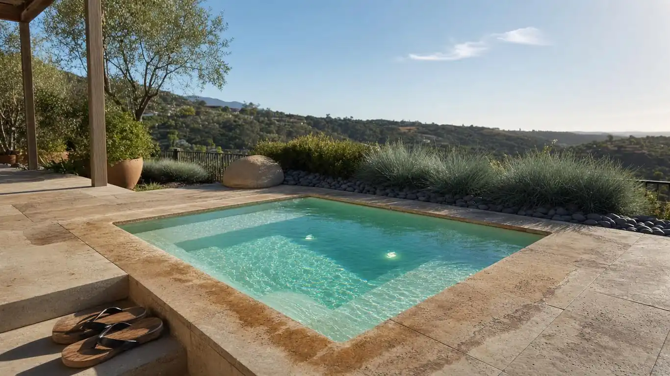 Sunken hot tub surrounded by travertine tile coping and ornamental grass plantings in a landscaped backyard