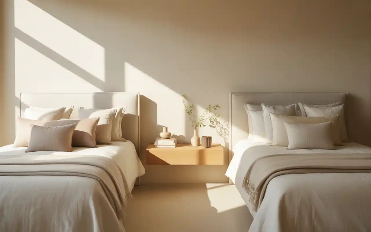 Two twin beds placed symmetrically with a single soft oak shared nightstand in the middle.