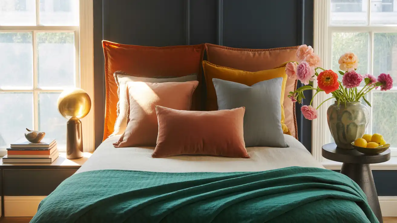 A twin bed pushed against a dark charcoal wall, styled as a chic daybed with oversized textured pillows.