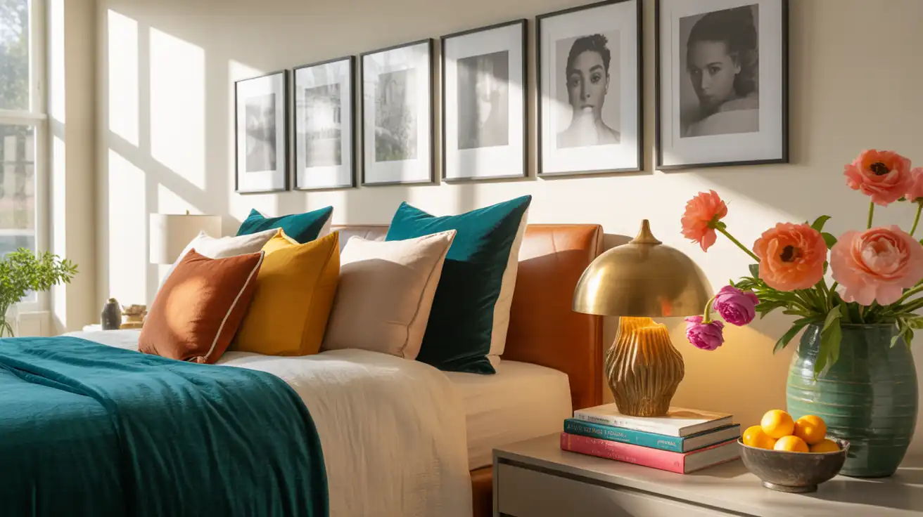 A highly curated gallery wall featuring thin metal frames displaying art and photos over a teen's bed.