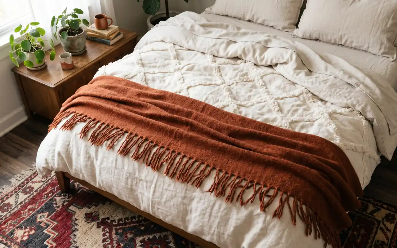 Close-up of layered bohemian bedding featuring natural linen, tufted cotton, and a vintage Moroccan rug.