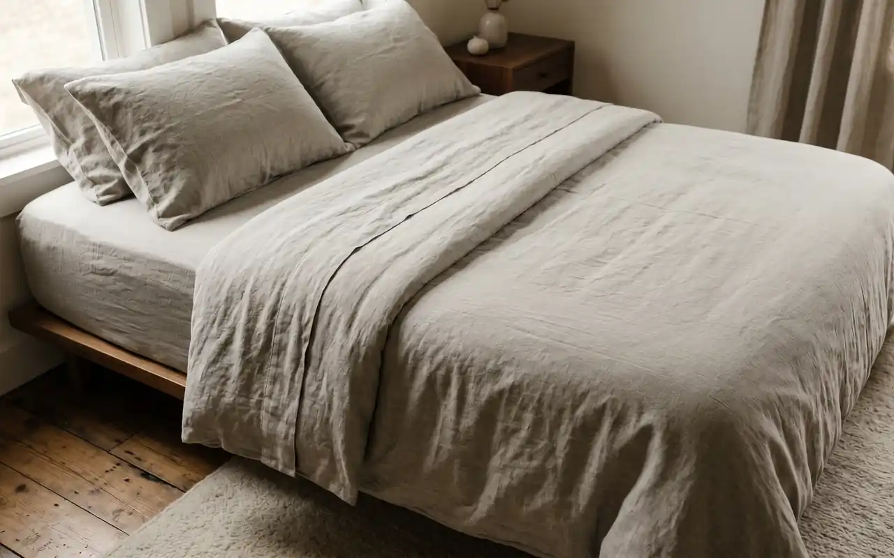 Close-up of textured monochromatic linen bedding in a soft greige color over a platform bed.