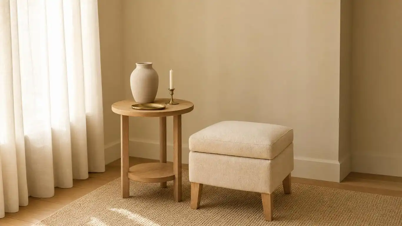 Monochromatic tiny living room in warm cream with matching walls trim and ceiling, natural oak side table, muted clay ceramic vase
