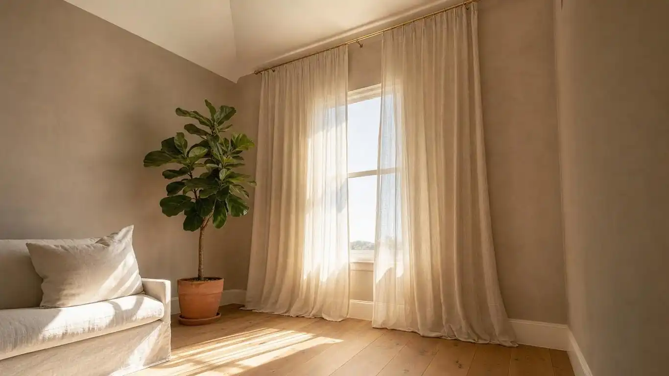 Small sitting room with sheer ivory linen curtains hung from ceiling to floor and tall fiddle-leaf fig in terracotta planter