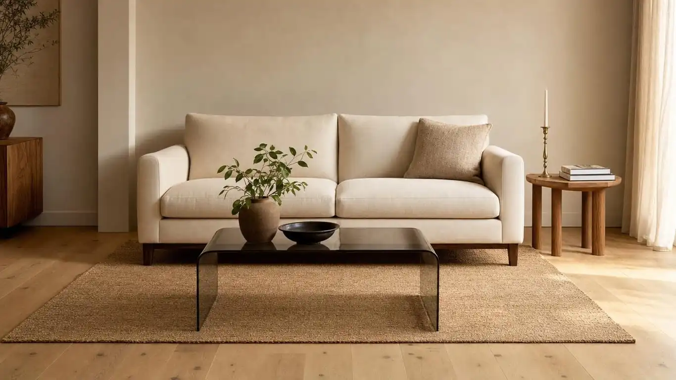 Low-profile cream linen sofa with walnut legs and glass coffee table in a tiny living room with warm greige walls and jute rug