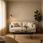 Bright tiny living room with warm greige walls, cream linen loveseat with visible oak legs, sheer linen curtains at ceiling height, and brushed brass floor lamp